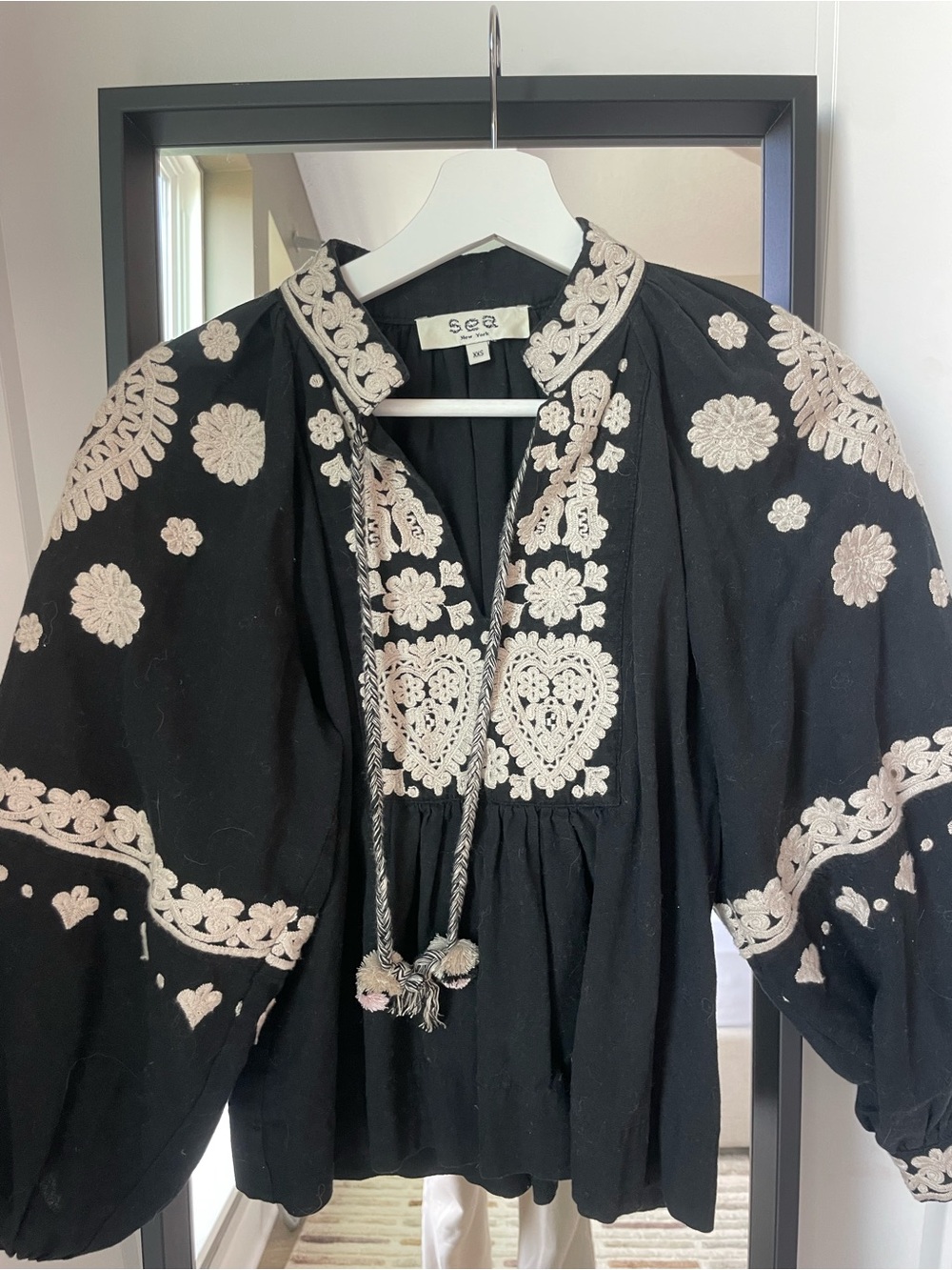 Sea New York Black Blouse with Cream Embroidered Applique